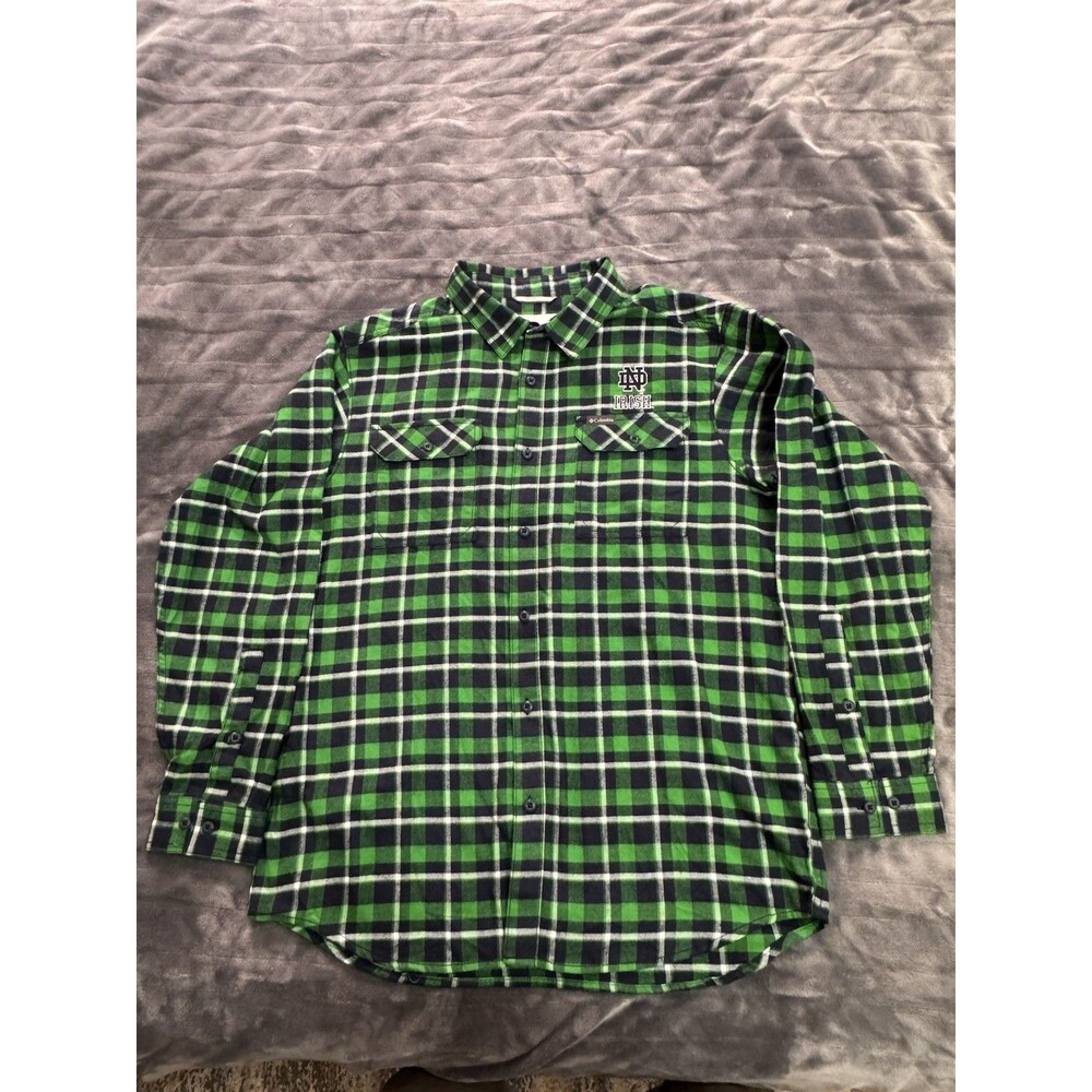 Notre Dame Fighting Irish Shirt Mens L Tall Green Plaid NCAA Football Columbia